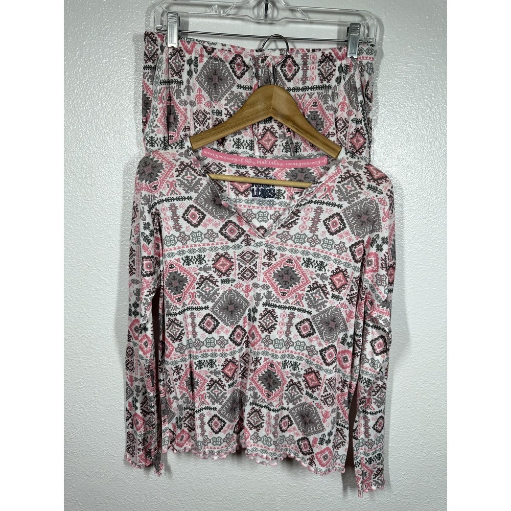 Muk Luks Pajama Set Womens Small Pink Gray Aztec 2 Piece Long Sleeve Top Shorts